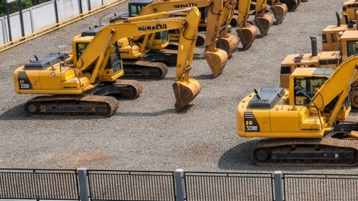 Barisan alat berat kuning berjajar rapi di halaman depo milik kontraktor.