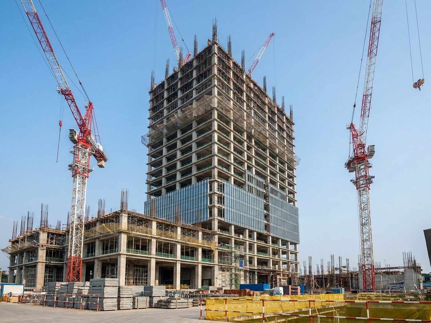 Rangka beton gedung bertingkat yang sedang dibangun, diapit dua tower crane, difoto dari permukaan tanah.