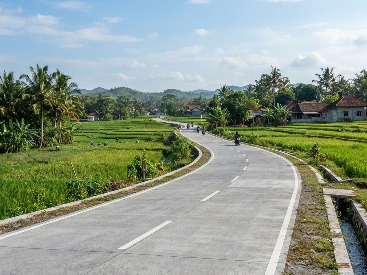 Ruas jalan beton dua lajur yang baru selesai, membelah hamparan sawah.