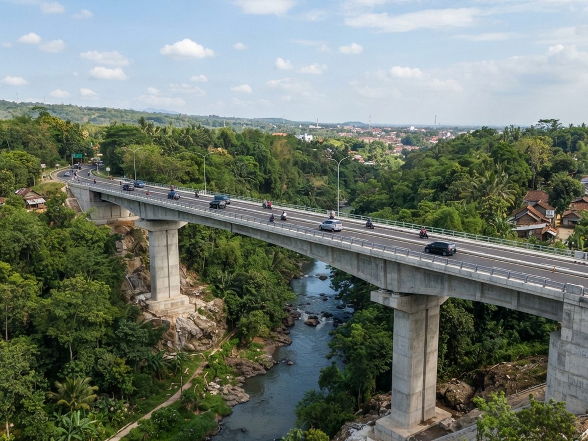 Jembatan beton prategang berpilar tinggi melintasi lembah sungai berhutan.