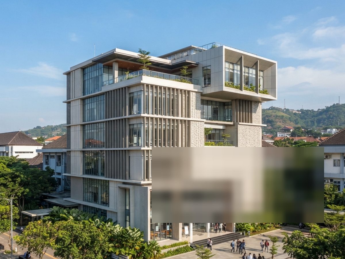 Gedung kuliah enam lantai berfasad beton ekspos dan sirip pelindung matahari, difoto dari udara.
