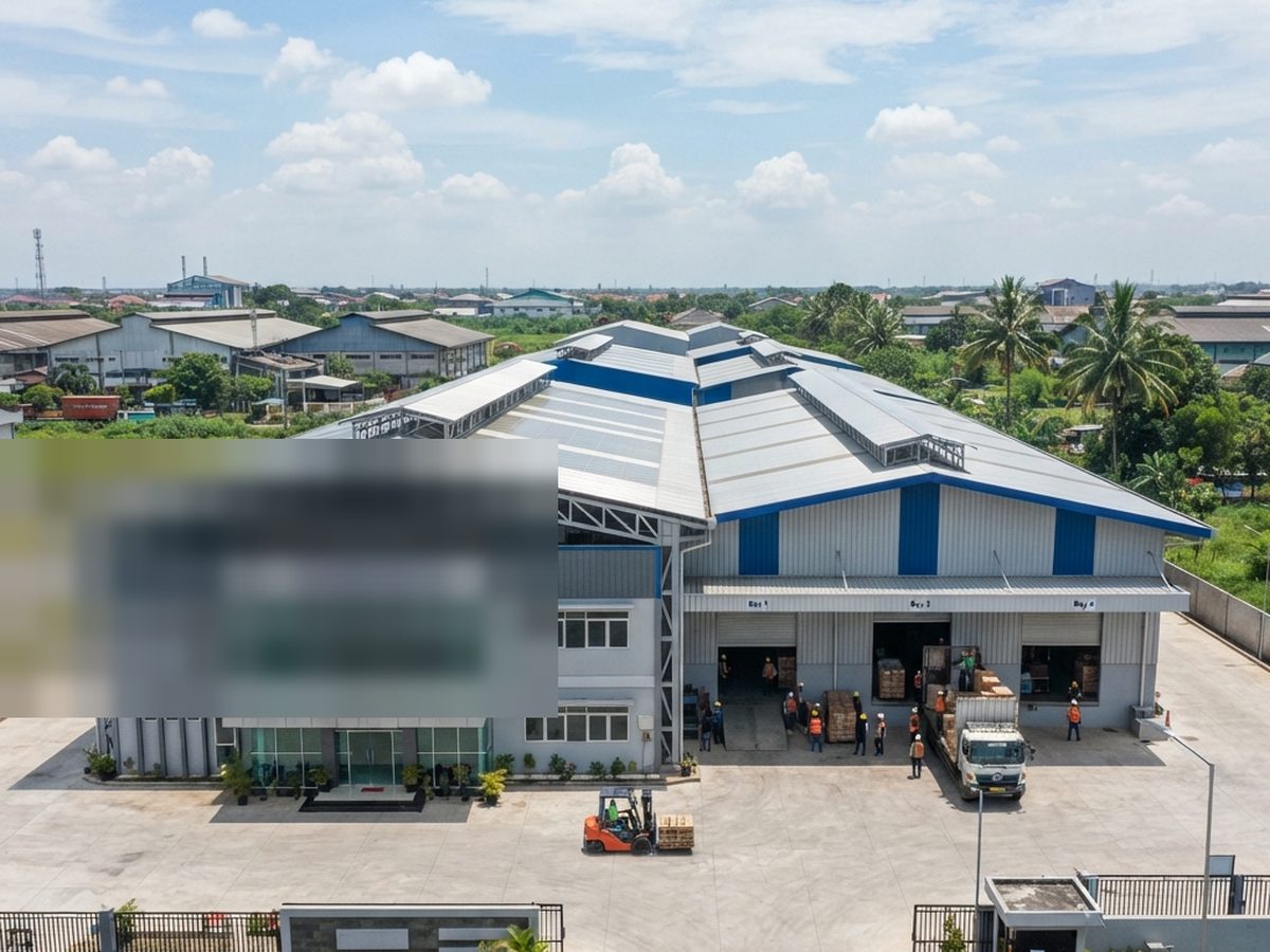 Bangunan pabrik dan gudang berangka baja beratap biru dengan halaman bongkar muat.