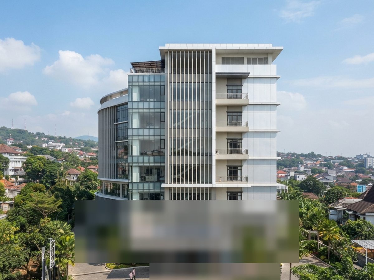 Gedung rumah sakit delapan lantai berfasad kaca dan sirip vertikal putih, difoto dari udara.